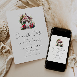 Red Floral Watercolor Gazebo Wedding Save the Date Invitation