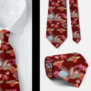 Red Floral Watercolor Hummingbird Flowers Neck Tie