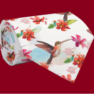 Red Floral Watercolor Hummingbird Flowers Neck Tie