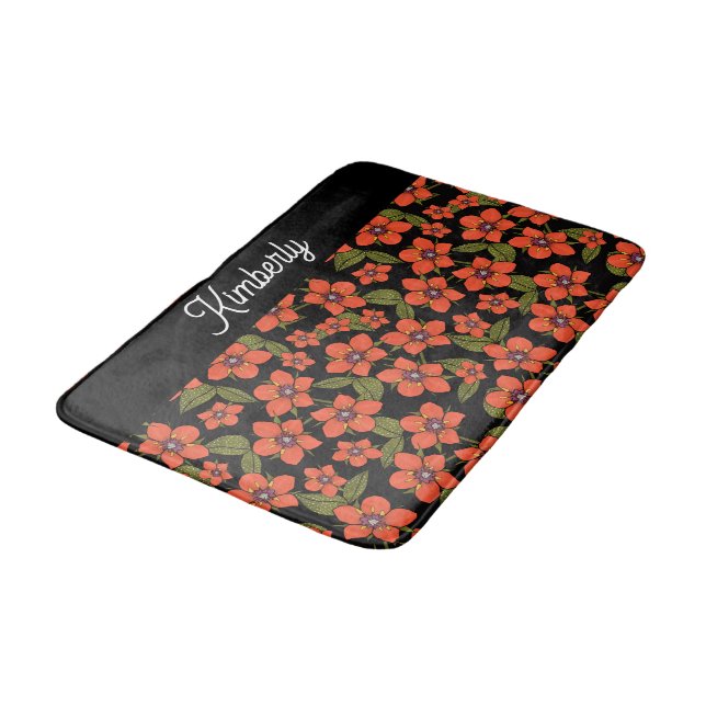 Red floral Watercolor Monogram Bath Mat (Angled)