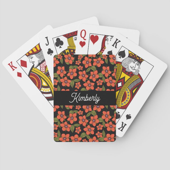 Red Floral Watercolor Monogram Name Playing Cards (Back)