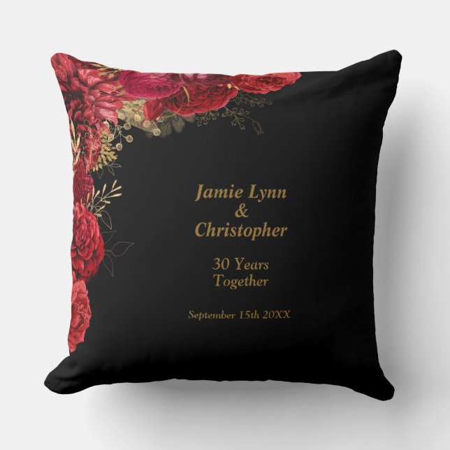 Red Floral Wedding Anniversary Throw Pillow (Front)