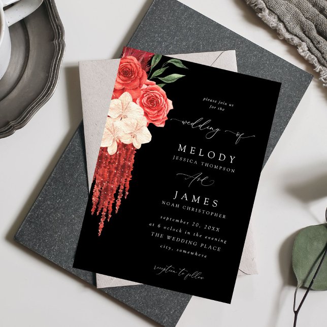 Red Floral Wedding - Black V2 Invitation (Creator Uploaded)