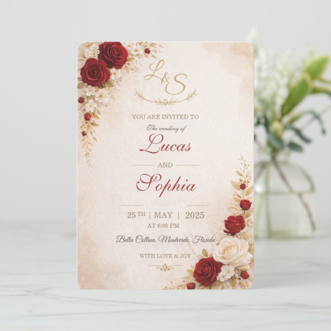 Red Floral Wedding Invitation Card (Standing Front)