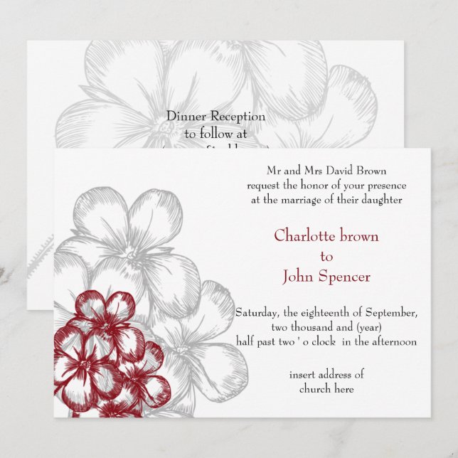 red floral wedding  Invitations (Front/Back)