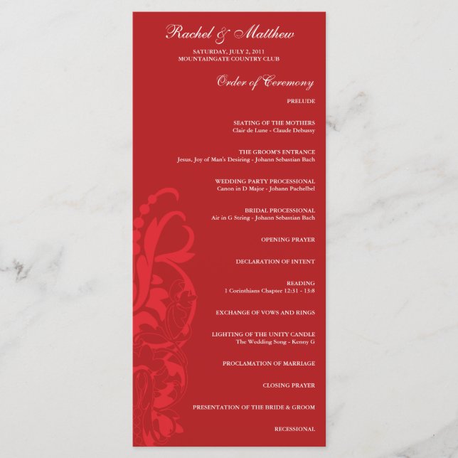 Red Floral Wedding Program Programme (Front)