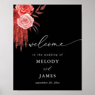 Red Floral Wedding Welcome Sign - Black