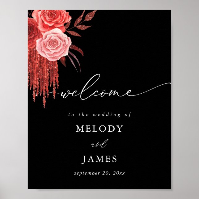 Red Floral Wedding Welcome Sign - Black (Front)