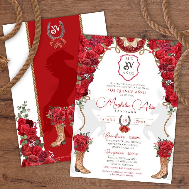 Red Floral Western Charro Quinceañera Invitation (Creator Uploaded)