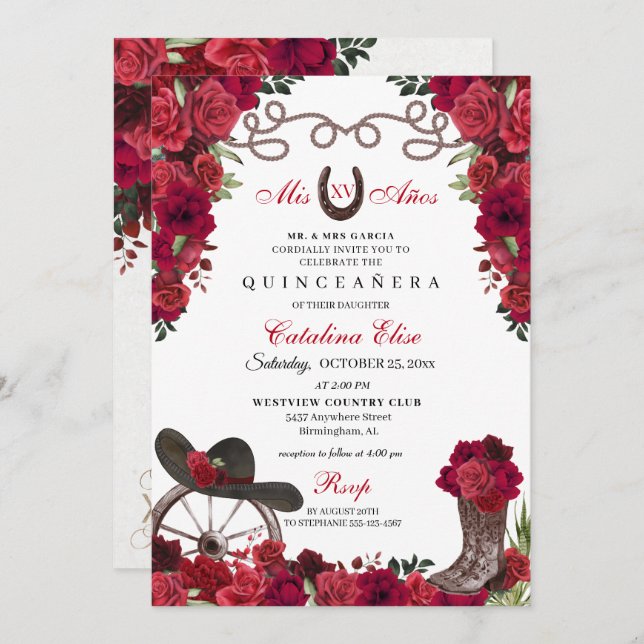 Red Floral Western Ranchero Quinceanera Invitation (Front/Back)