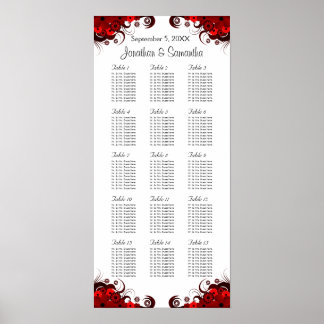 Red Floral & White 15 Wedding Tables Seating Chart
