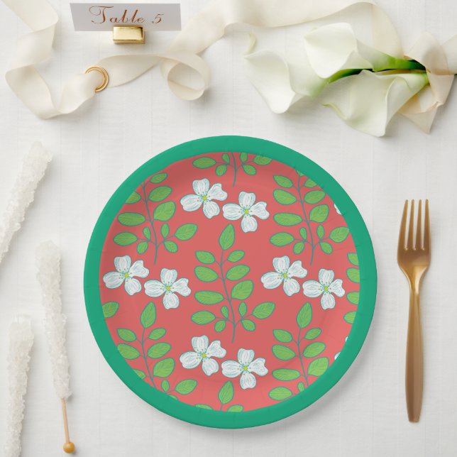  Red Floral White Blossoms & Green Leaves Paper Plate (Wedding)