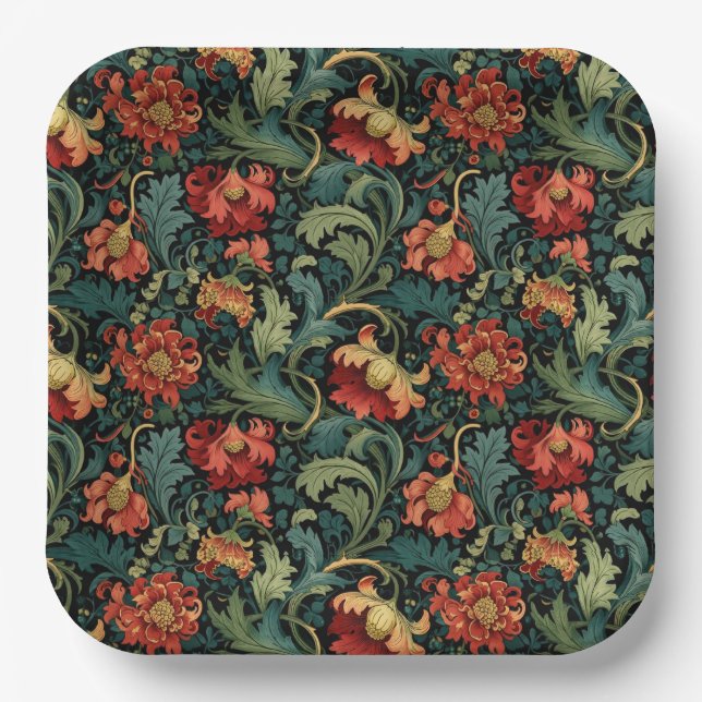 Red Floral William Morris print Paper Plate (Front)
