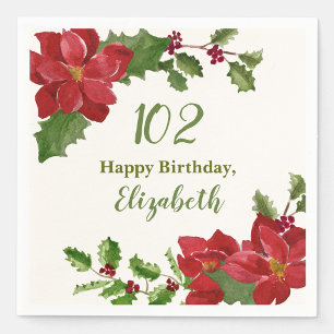 Red Floral Winter Greenery 102nd Birthday Napkin
