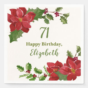 Red Floral Winter Greenery 71st Birthday Napkin