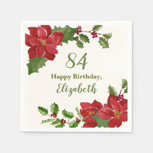 Red Floral Winter Greenery 84th Birthday Napkin
