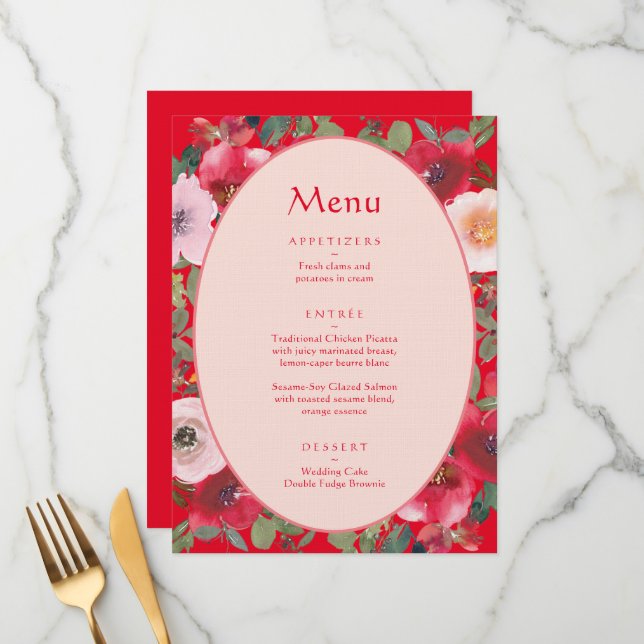 Red floral wreath Chinese wedding reception Menu (Front/Back In Situ)