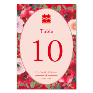 Red floral wreath Chinese wedding reception Table Number