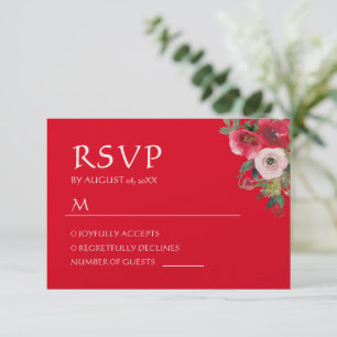 Red floral wreath Chinese wedding RSVP Card