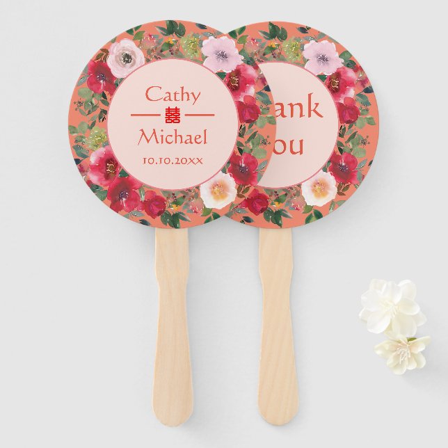 Red floral wreath Chinese wedding thank you Hand Fan (Front and Back)