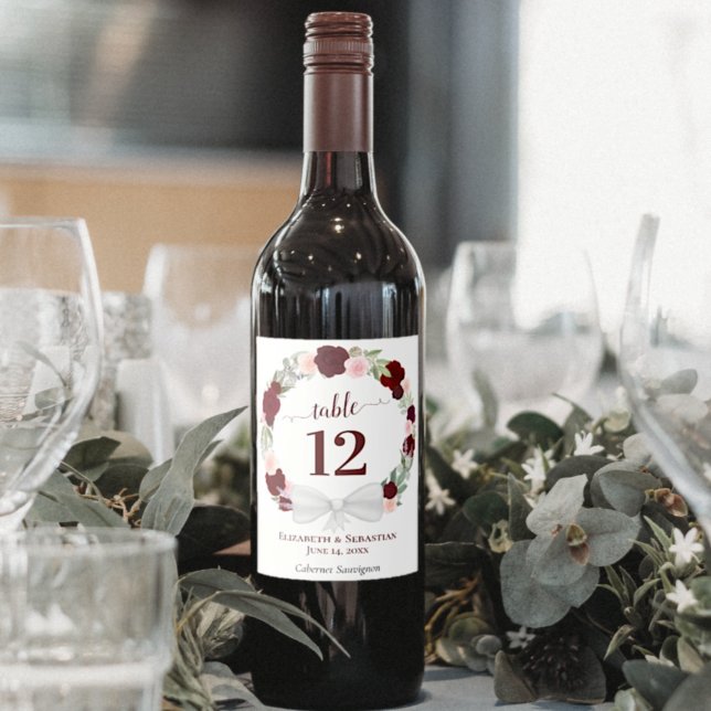 Red Floral Wreath Wedding Table Number Wine Label (Creator Uploaded)