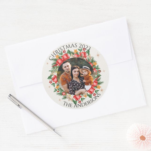 Red Florals Family Photo Merry Christmas Classic Round Sticker (Envelope)