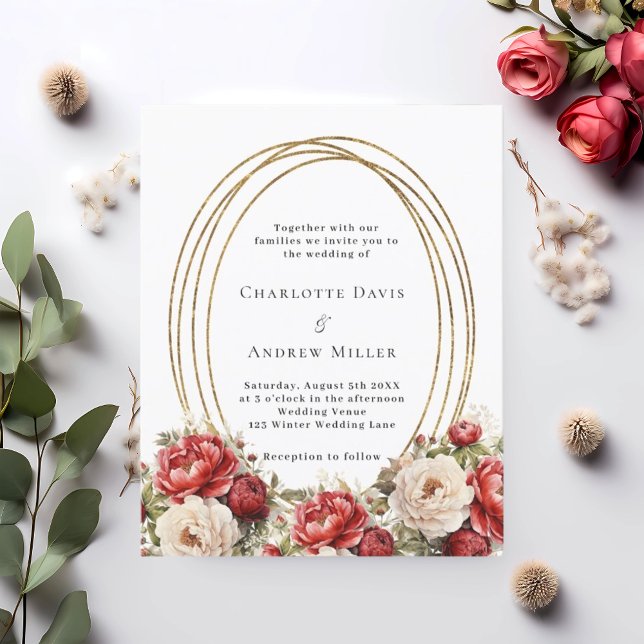 Red florals gold frame wedding invitation (Creator Uploaded)