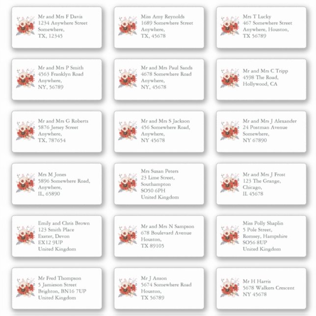 Red Florals Individual Wedding Guest Name Address (Front)