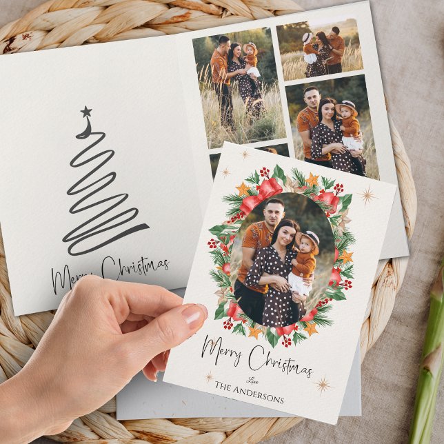 Red Florals Multi Family Photos Merry Christmas Card (Red Florals Multi Family Photos Merry Christmas Card)