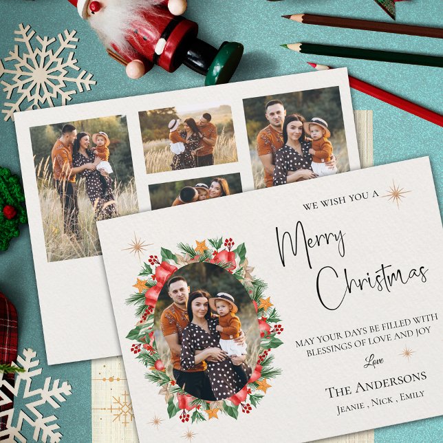 Red Florals Multi Family Photos Merry Christmas Postcard (Red Florals Multi Family Photos Merry Christmas Postcard)