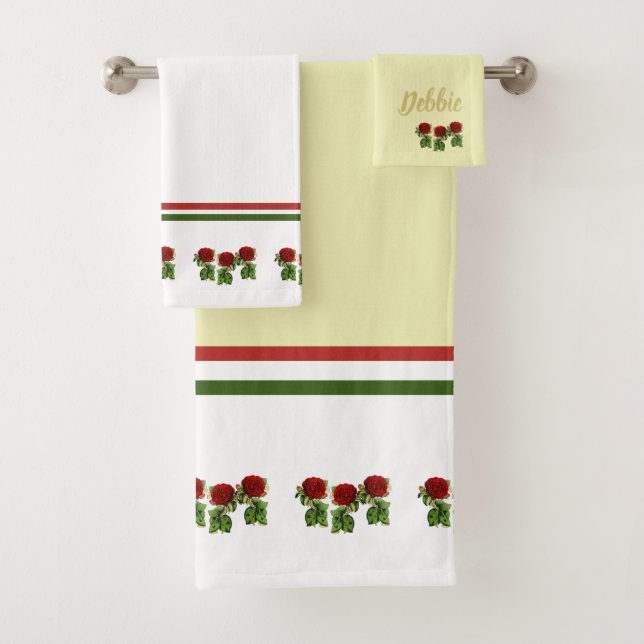 Red flower and green leaves custom name bath towel set (Insitu)