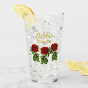 Red flower and green leaves custom name glass