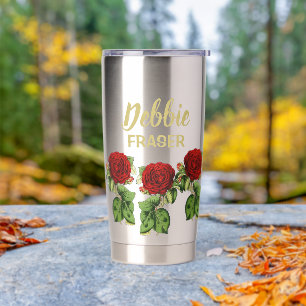 Red flower and green leaves custom name insulated tumbler