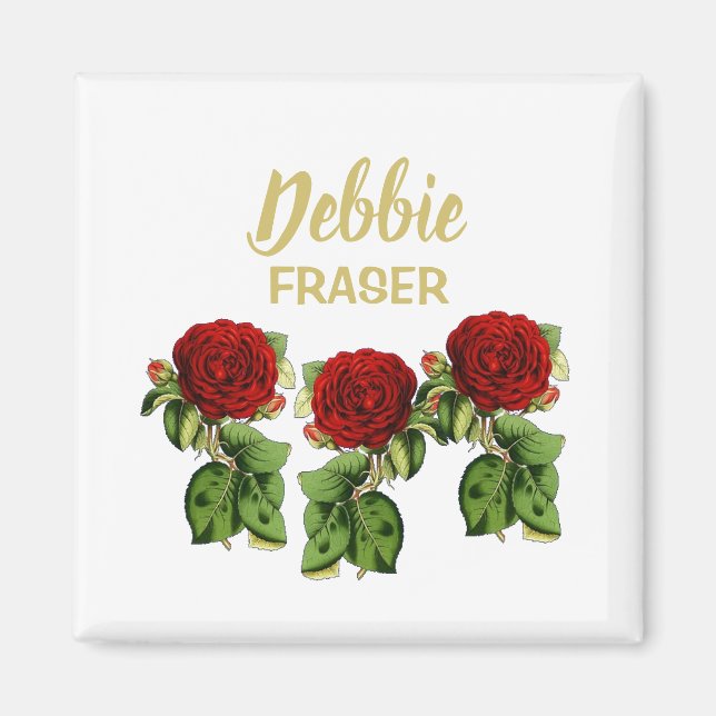 Red flower and green leaves custom name magnet (Front)