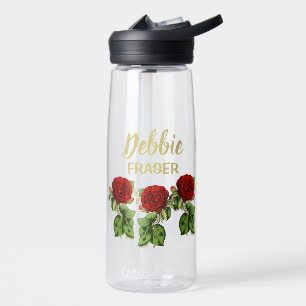 Red flower and green leaves custom name water bottle
