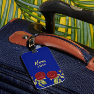 Red flower and leaves blue luggage tag
