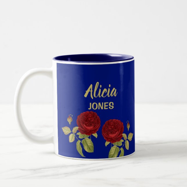 Red flower and leaves blue Two-Tone coffee mug (Left)