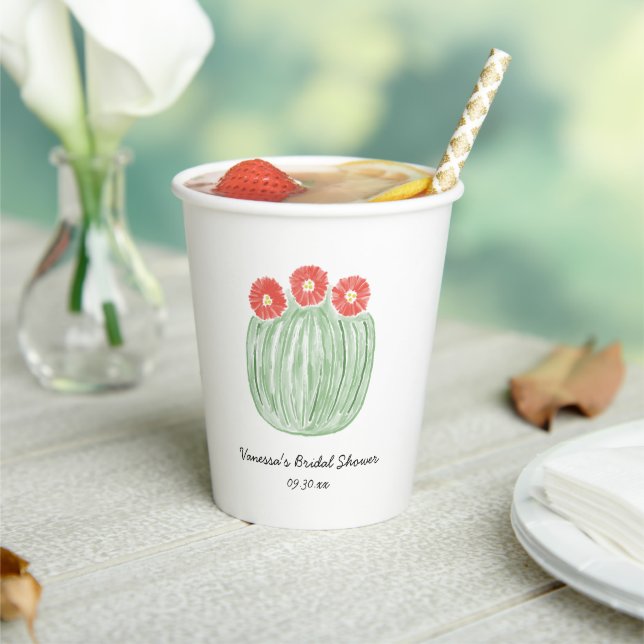 Red Flower Barrel Cactus Bridal Shower Paper Cups (Insitu)