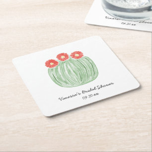 Red Flower Barrel Cactus Bridal Shower Square Paper Coaster