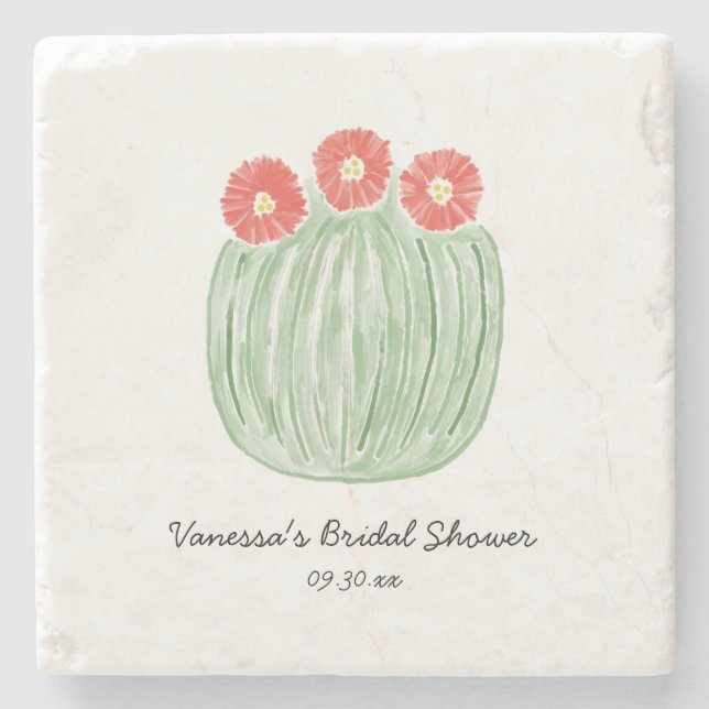 Red Flower Barrel Cactus Bridal Shower Stone Coaster (Front)