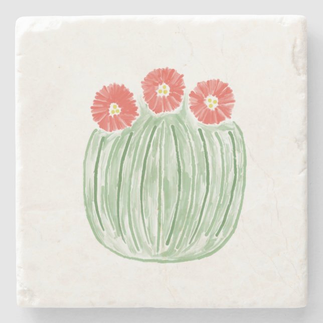 Red Flower Barrel Cactus Desert Stone Coaster (Front)