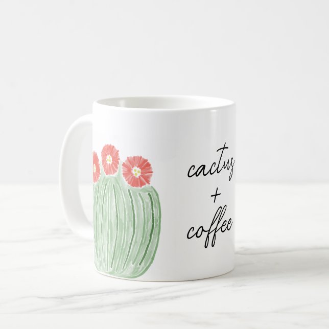 Red Flower Barrel Cactus Plus Coffee Watercolor Mug (Front Left)