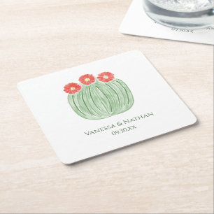 Red Flower Barrel Cactus Wedding Cocktail Hour Square Paper Coaster
