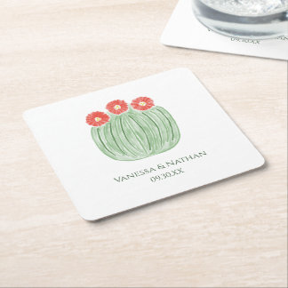Red Flower Barrel Cactus Wedding Cocktail Hour Square Paper Coaster