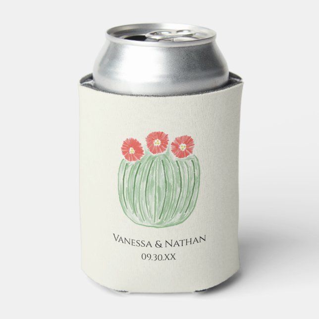 Red Flower Barrel Cactus Wedding Favour Can Cooler (Can Front)