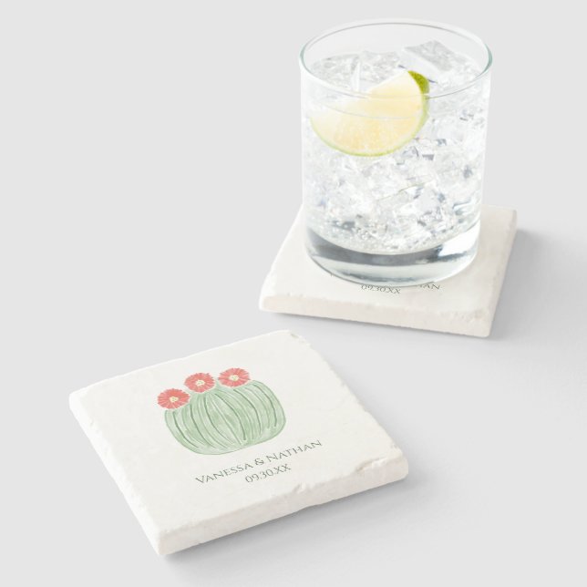 Red Flower Barrel Cactus Wedding Favour Stone Coaster (Side)