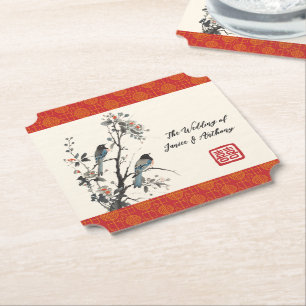 Red flower bird oriental Chinese wedding Paper Coaster