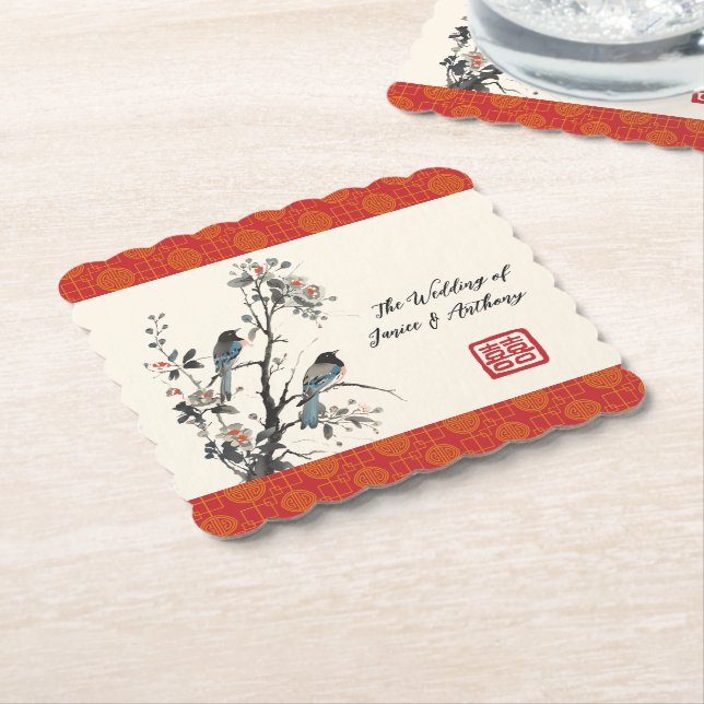 Red flower bird oriental Chinese wedding Paper Coaster (Angled)
