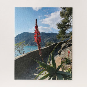 Red Flower Blue Sea Rocky Cliffs Puzzle