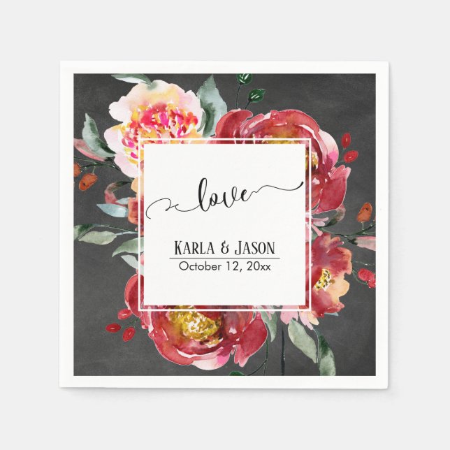 Red Flower Bouquet, Chalkboard, Love Typography Napkin (Front)